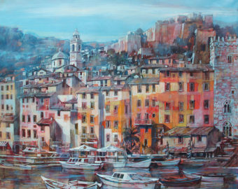 Hafenansicht von Varigotti in Öl gemalt von Angelo Bellini